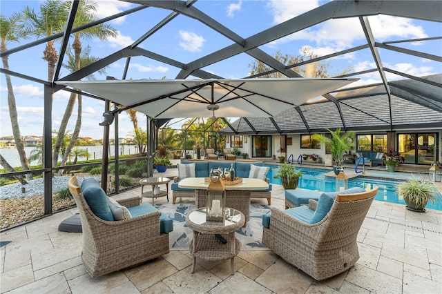 view of patio with outdoor lounge area, glass enclosure, and an outdoor pool