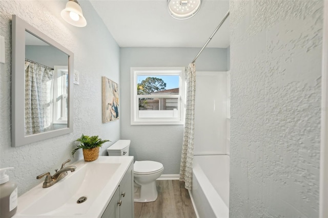 full bathroom with toilet, shower / bath combination with curtain, vanity, and wood-type flooring