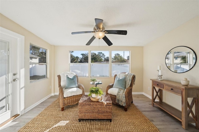 living area featuring ceiling fan, wood-type flooring, and a textured ceiling