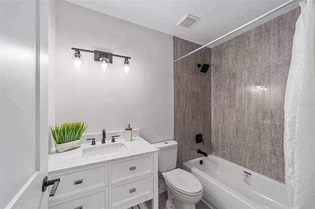 bathroom with shower / bath combination with curtain, visible vents, vanity, and toilet