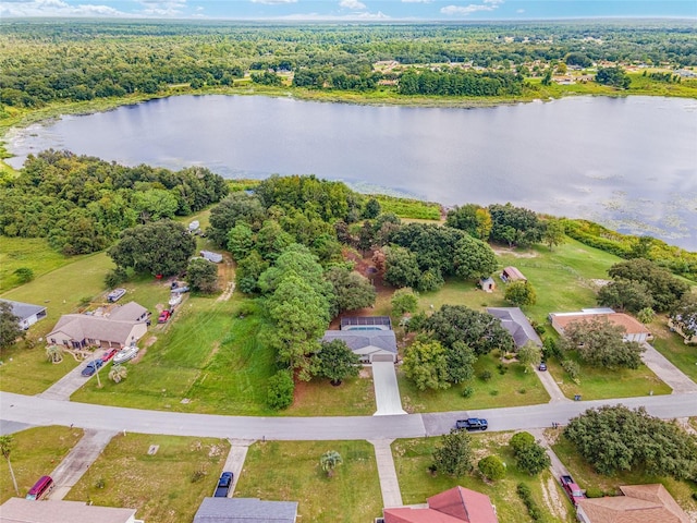 bird's eye view with a water view and a wooded view