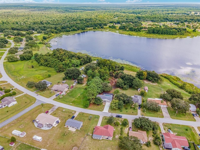 bird's eye view with a water view and a wooded view