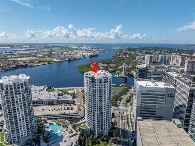 birds eye view of property featuring a water view