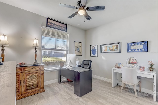 home office with light wood-style floors, baseboards, and a ceiling fan