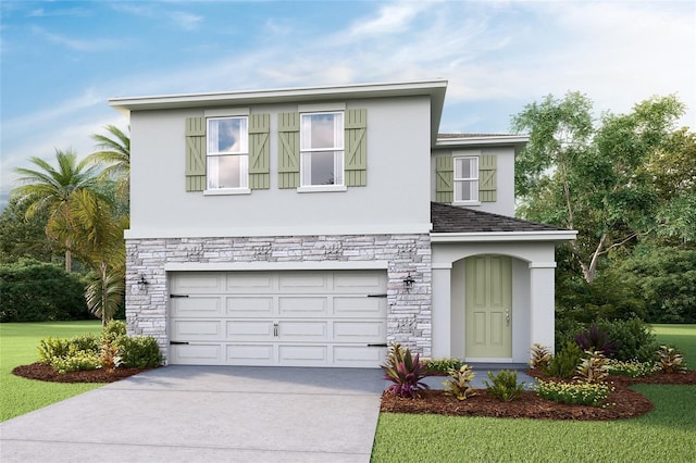 view of front facade featuring a garage and a front lawn