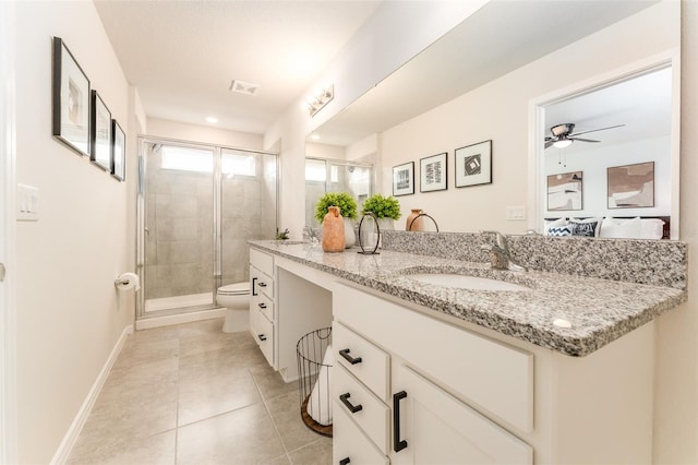 full bathroom with visible vents, toilet, a stall shower, vanity, and baseboards