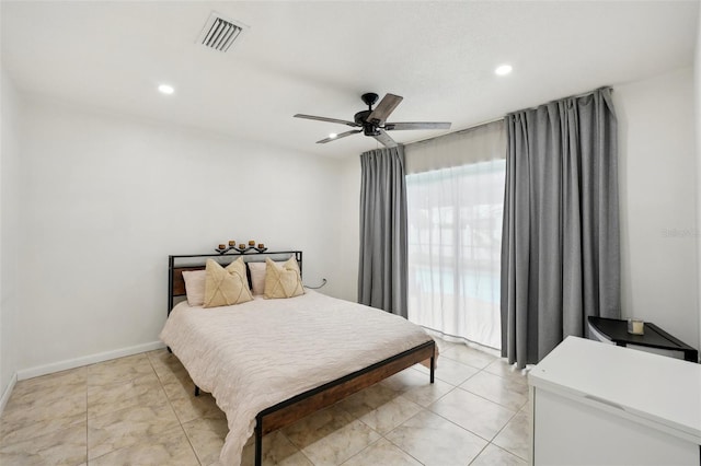 bedroom with baseboards, visible vents, a ceiling fan, and recessed lighting