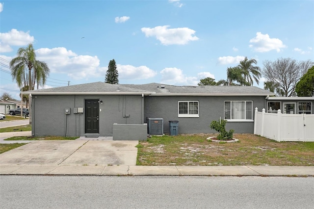 single story home featuring central AC, fence, and stucco siding