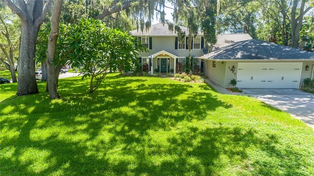 colonial-style house featuring concrete driveway, an attached garage, and a front yard