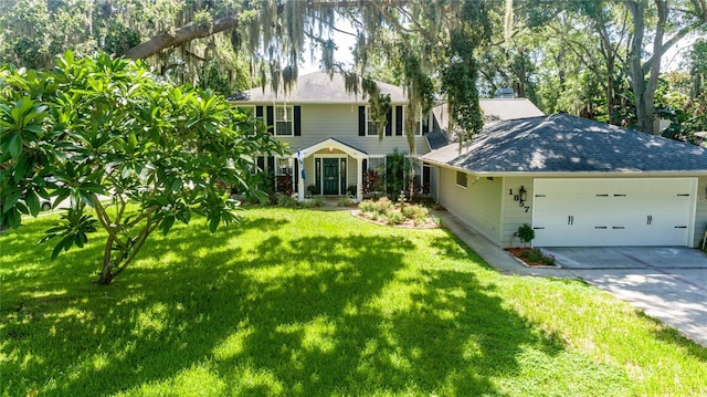 colonial-style house with a garage, driveway, a shingled roof, and a front yard