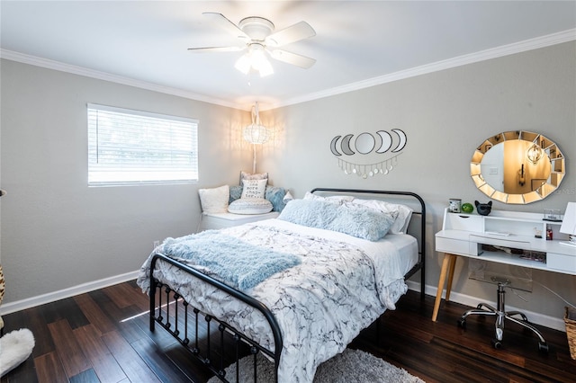 bedroom featuring crown molding, dark wood-style flooring, and baseboards