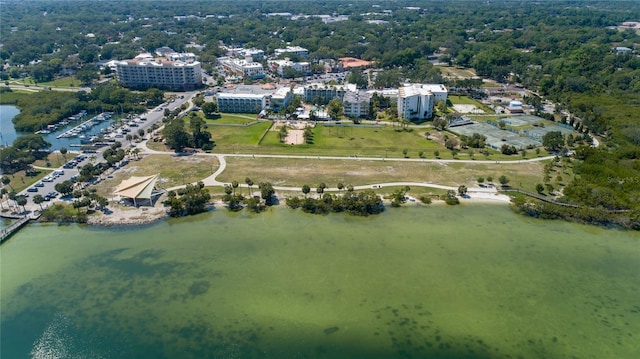 birds eye view of property with a water view