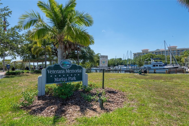 view of community with a lawn and a water view