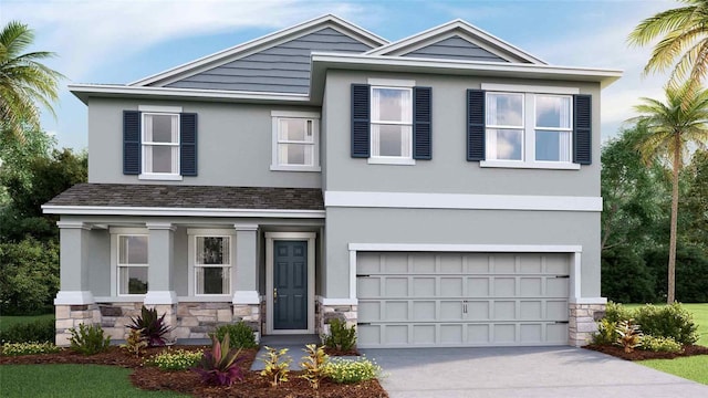 craftsman-style house featuring a garage, stone siding, concrete driveway, and stucco siding