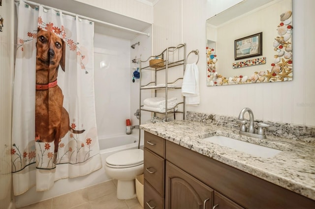 full bath featuring shower / bath combination with curtain, tile patterned flooring, vanity, and toilet