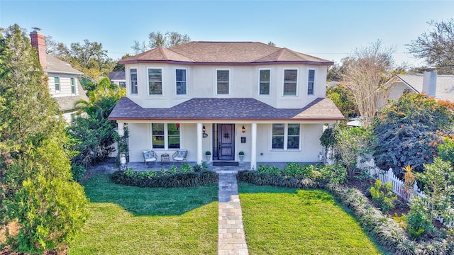 traditional home with a shingled roof, a front yard, fence, and stucco siding