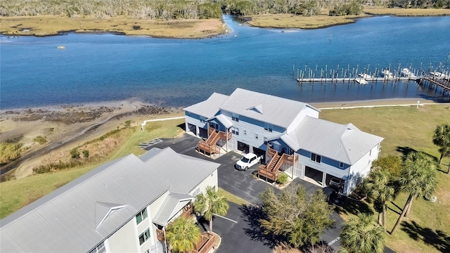 drone / aerial view featuring a water view