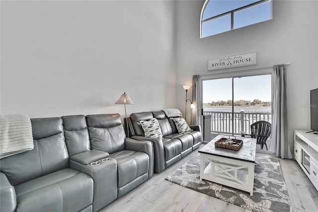 living room with light hardwood / wood-style flooring and a high ceiling