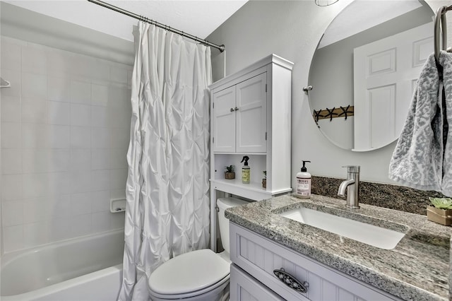 full bathroom with toilet, vanity, and shower / bathtub combination with curtain