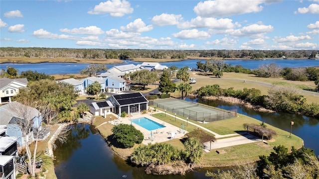 birds eye view of property featuring a water view