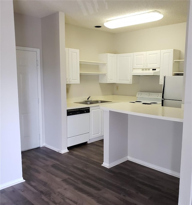 kitchen with white appliances, white cabinets, dark hardwood / wood-style flooring, sink, and kitchen peninsula