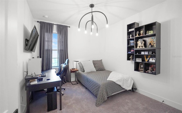 bedroom featuring light carpet and baseboards