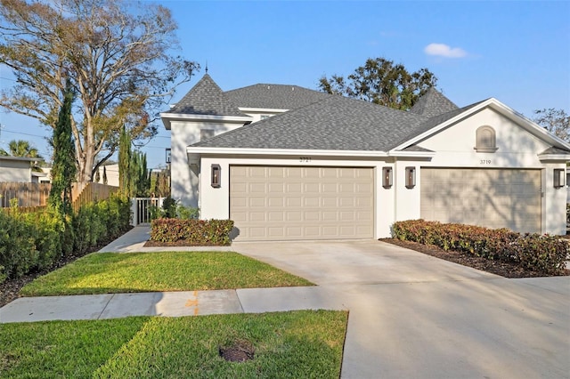 view of front of home featuring a garage, a shingled roof, concrete driveway, fence, and stucco siding