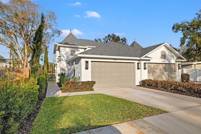 view of front of house featuring a garage, concrete driveway, stucco siding, fence, and a front yard