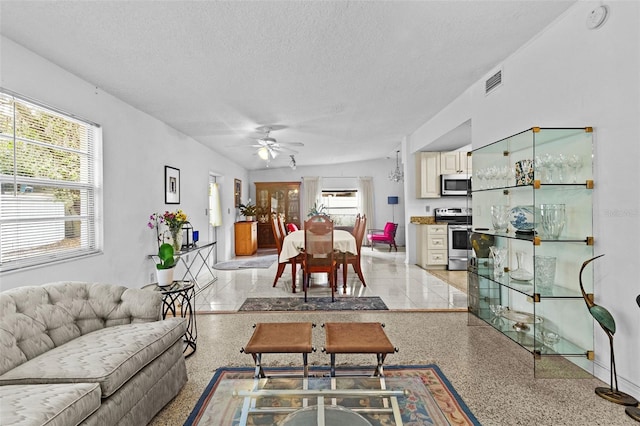 living area featuring light speckled floor, a wealth of natural light, visible vents, and a textured ceiling