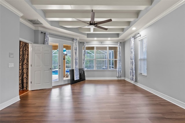 spare room featuring wood finished floors, visible vents, baseboards, french doors, and beamed ceiling