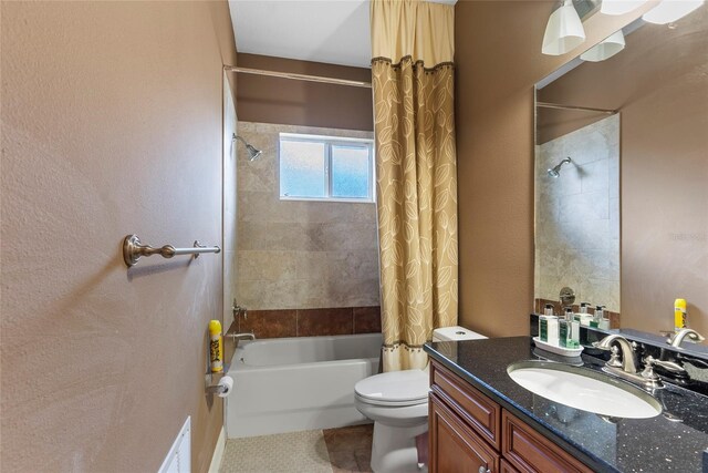 full bath with vanity, toilet, and shower / bathtub combination with curtain