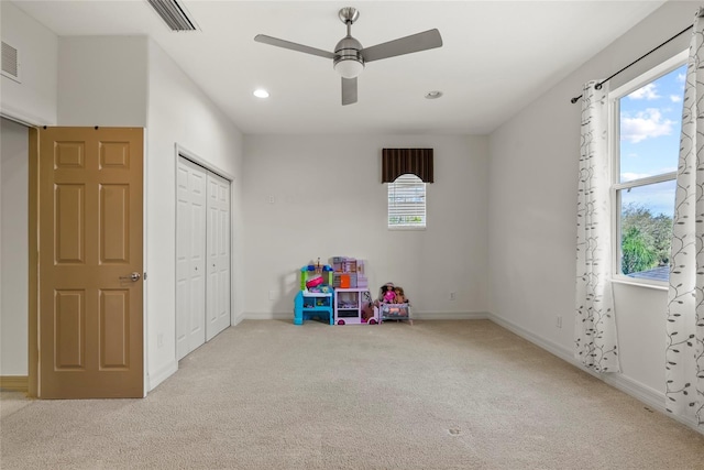 game room with light carpet, baseboards, visible vents, a ceiling fan, and recessed lighting