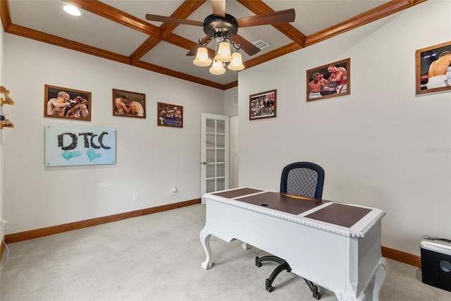 home office featuring ceiling fan, baseboards, coffered ceiling, and light colored carpet