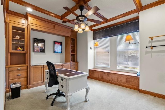 office with baseboards, coffered ceiling, beam ceiling, and light colored carpet