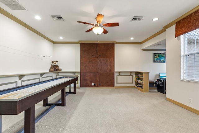 game room featuring ornamental molding, carpet flooring, visible vents, and recessed lighting