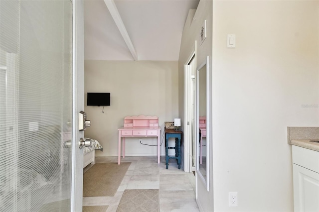 full bath with vanity, tile patterned floors, a shower, and baseboards