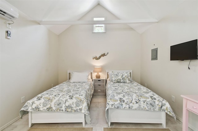 bedroom with vaulted ceiling and a wall mounted air conditioner