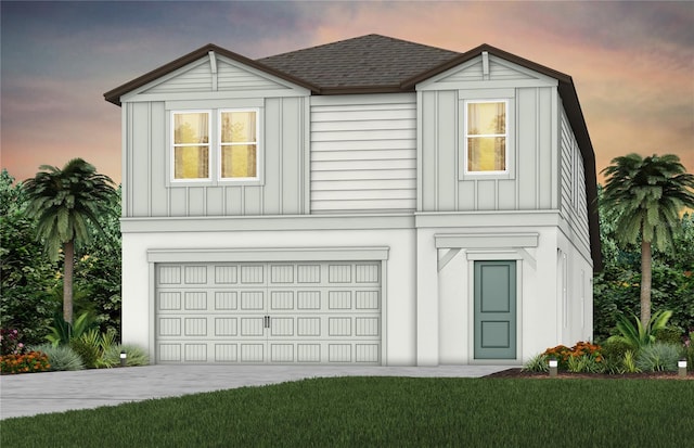 view of front of home featuring board and batten siding, concrete driveway, roof with shingles, and a garage