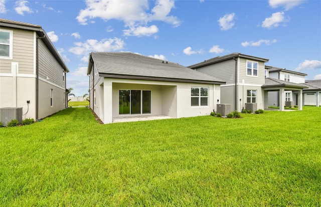 10356 Cross River Trl, Parrish, FL 34219 - back of property with central AC unit, a lawn, and stucco siding