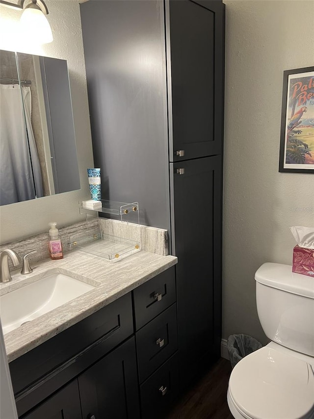 bathroom with a textured wall, toilet, a shower with shower curtain, wood finished floors, and vanity