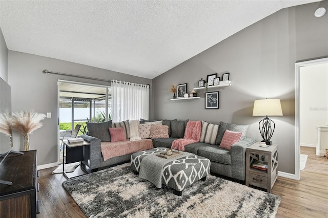 living room with lofted ceiling, wood-type flooring, and a textured ceiling