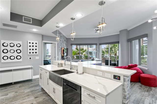 kitchen with light wood finished floors, a sink, visible vents, and white cabinetry