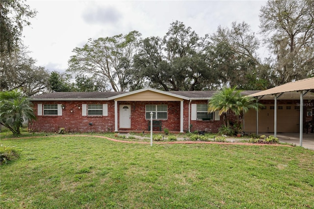 ranch-style home with a garage, driveway, a front lawn, a carport, and brick siding