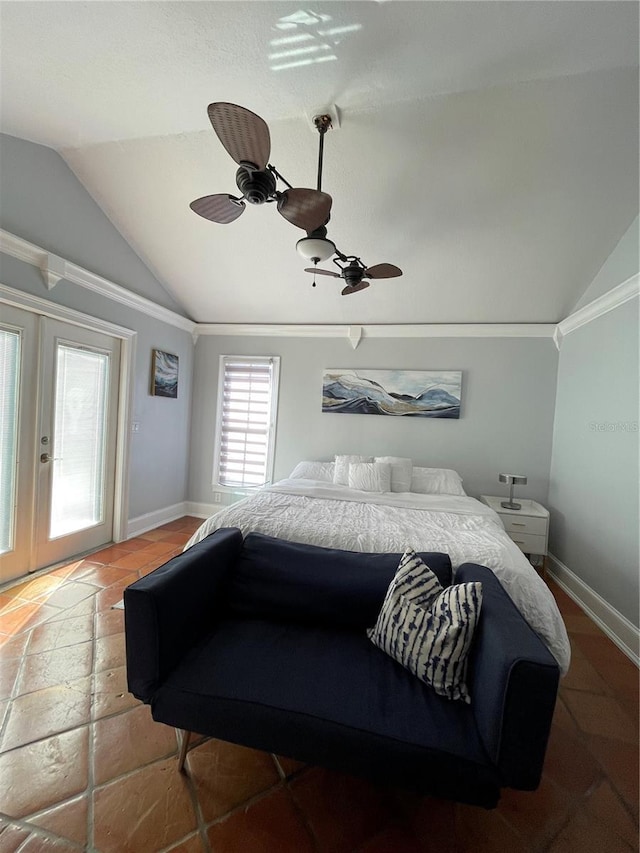 bedroom with access to outside, vaulted ceiling, baseboards, and ceiling fan