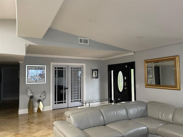 living room featuring visible vents, baseboards, vaulted ceiling, french doors, and ornamental molding