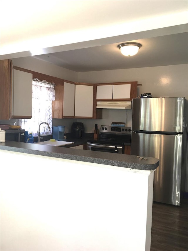 kitchen featuring appliances with stainless steel finishes, dark countertops, a sink, and under cabinet range hood