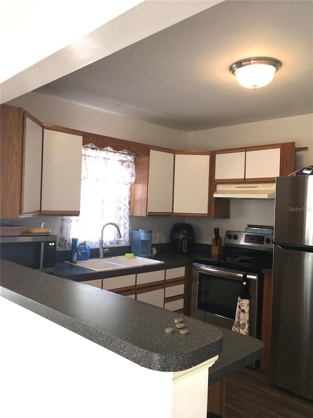 kitchen featuring under cabinet range hood, a peninsula, a sink, appliances with stainless steel finishes, and dark countertops