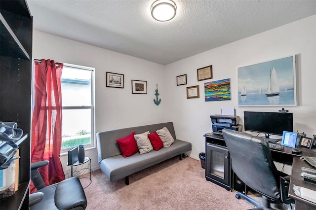 office area featuring carpet flooring, a textured ceiling, and a wealth of natural light