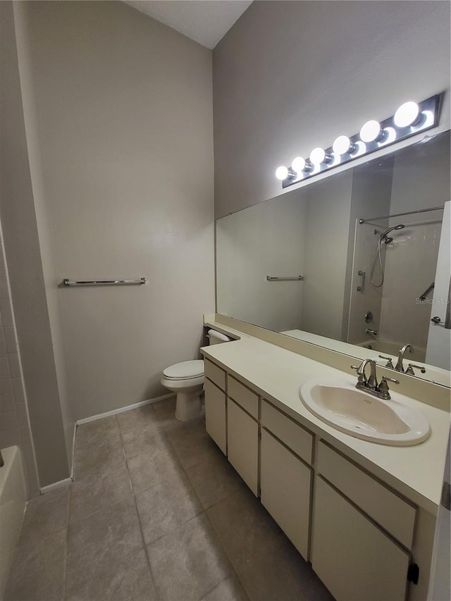 full bath with vanity, shower / bath combination, tile patterned flooring, and toilet