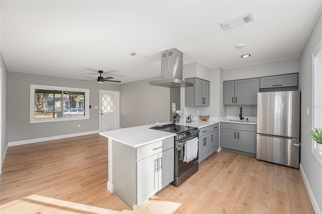 kitchen featuring stainless steel appliances, island range hood, gray cabinets, sink, and kitchen peninsula